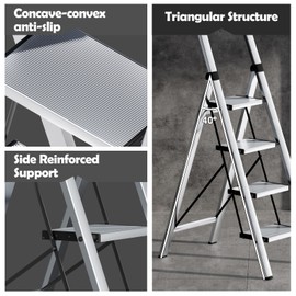 Taranta 4 Step Ladder, Portable Folding Ladder with Wide Pedal, Lightweight Aluminum Step Stool with Convenient Handgrip, 330 lbs Capacity Stepladder for Home, Office - Silver