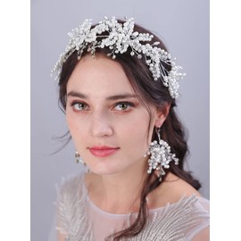 JWICOS Bridal Pearl Wedding Hair Vine Earrings Set Wedding Hair Accessories Handmade Hair Vine Headpieces Evening Party