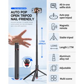 70" Automatic Pop-up Selfie Stick, Auto-Open Tripod Stand with Magnetic Remote, Compatible with Android 5.0 & iOS 5.1, 360° Rotatable, One-Piece Design Portable Travel Tripod for Vlog/Video Recording