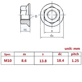 10pcs M10 x 1.25mm Hex Flange Nut Fine Serrated Thread Hexagonal Nuts Fastener with Pad
