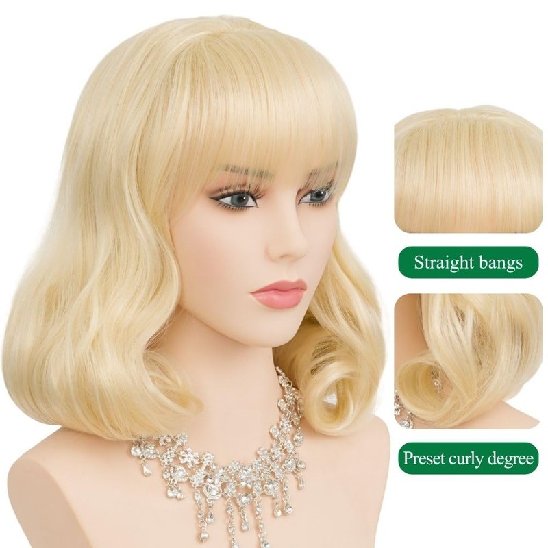 Blonde Curly Womens Wig Retro Wig with Bangs Shoulder Length