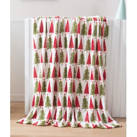 Elegant Comfort Luxury Velvet Super Soft Christmas Prints Fleece Blanket-Holiday Theme Home Décor Fuzzy Warm and Cozy Throws for Winter Bedding, Couch and Gift, 50 x 60 inch, Ivory Christmas Tree