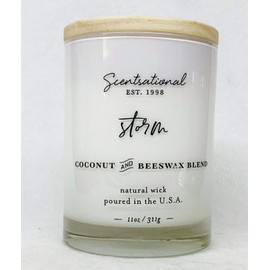 Natural Coconut + Beeswax Scented Candle Storm (in Cursive) in Glossy White Jar with Wooden Lid, 11 Oz.