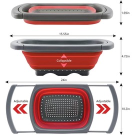 Collapsible Colander, Red Food Strainer Over the Sink Colanders Strainers with Extendable Handles, 6-Quart, Dishwasher-Safe Kitchen Folding Strainer for Pasta, Vegetables and Fruits by Polerce