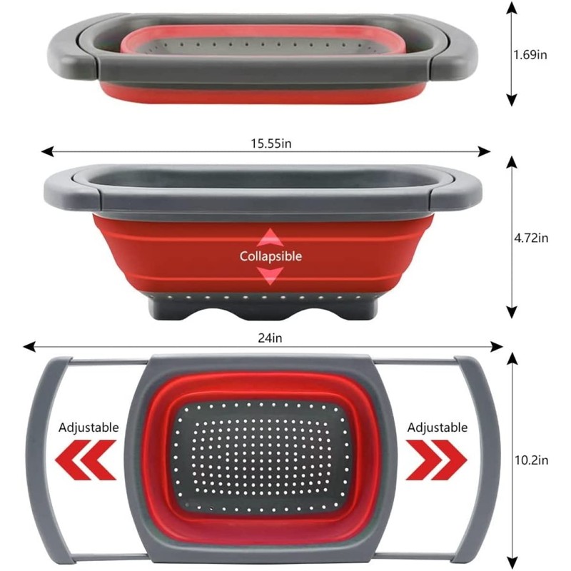 Collapsible Colander, Red Food Strainer Over the Sink Colanders Strainers