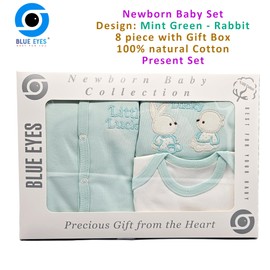 Blue Eyes Newborn Baby Gift Set, 100% Natural Cotton, First Equipment, Unisex Clothing for Babies, 0-4 Months, 8 Pieces (Green)