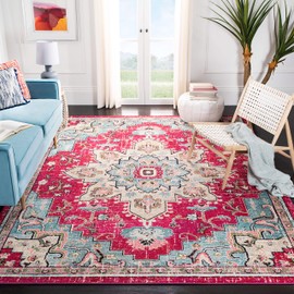 SAFAVIEH Madison Collection Area Rug - 8' x 10', Fuchsia & Blue, Boho Chic Medallion Distressed Design, Non-Shedding & Easy Care, Ideal for High Traffic Areas in Living Room, Bedroom (MAD473A)