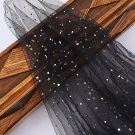8Yards 59" Wide Glitter Tulle Fabric Rolls Star Moon Sequin Tulle Fabric for Photography Props Background Tutu Women Dress Table Skirts DIY Sewing Crafts Wedding Party Backdrop Stage Decoration-Black