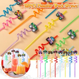 SNLN 98Pcs Monster Truck Party Favors Birthday Supplies, Drinking Straw Mini Bubble Wand Slap Bracelet Keychain Sticker, Goodie Bag Stuffer Pinata Filler Boys Kids Monster Truck Party Supplies Decor