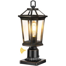 VIANIS Dusk to Dawn Outdoor Post Lights, Black Light Posts for Outside with Pier Mount Base, 100% Aluminum Waterproof Exterior Lamp Post with Tempered Glass Panels for Garden (Hardwired 120V)