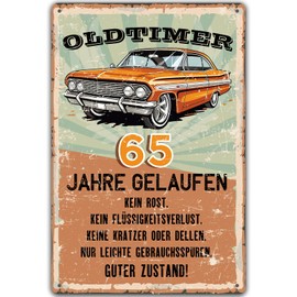 Tin Sign 65 Birthday Sign, Oldtimer 65 Years Gelaufen, Gifts for the 65th Birthday Man, Funny Sign 65th Birthday Decoration as Funny Birthday Card, Vintage Metal Sign 20 x 30 cm