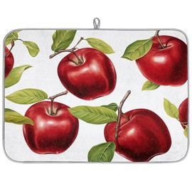 Red Christmas Dish Drying Mat for Kitchen Counter - Absorbent Reversible Microfiber Pad, Heat Resistant Drainer Rack Mat With Apple Pattern (18x24 Inch)