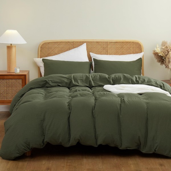 ATsense Duvet Cover Queen Size, 100% Washed Microfiber Like Washed Cotton Super Soft and Breathable, 3 Piece Olive Green Comforter Cover Bedding Set, Simple Style Farmhouse Quilt Cover