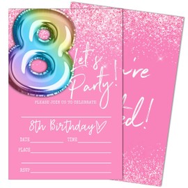 Let's Party 8th Birthday Invitations, Pink and Glitter Balloons Invitations, 20 Fill-in Style Birthday Party Invitations with Envelopes for Girls Boys, Birthday Party Favor & Decoration (4"x6")-B08