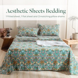 Lady Ann 100% Cotton Floral Queen Sheets Deep Pocket, Vibrant Paisley Flowers Printed on Green Pattern Sheets for Queen Bed Botanical Preppy Bed Sheets 4PCS Set