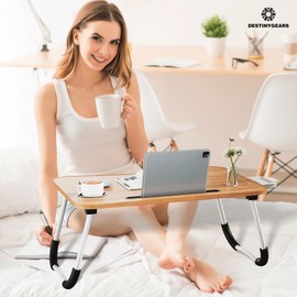 Lap Desk Bed Trays for Eating and Laptops Breakfast in Bed Tray for Sofa/Couch/Study/Reading/Writing with Cup Holder/Drawer On Low Sitting Floor Large Portable Foldable (Walnut Beige)
