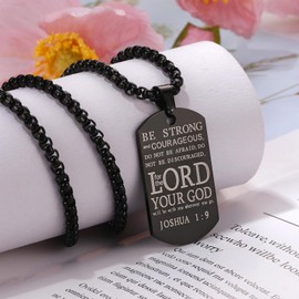 Rofusn Cross Military Dog Tag Necklace: Black Stainless Steel Mens American Flag Patriotic Pendant Necklace with English Bible Verse Jewelry Gifts To My Man - Joshua 1:9 BE STRONG