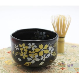 Waraku Fuuka Japanese Traditional Mino Ware Handcrafted Mini Matcha Chawan Tea Bowl Cup Set With Chasen Bamboo Tea Whisk Ceremony Tableware Pottery (Tenmoku Sakura)
