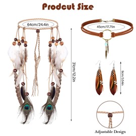 IWTBNOA Indian Headdress Set, Brown Indian Costume Women, Indian Hippie Boho Feather Headband, Feather Dangle Earrings, Leather Necklace, Bohemian Jewellery Set for Hippie Vintage Carnival Jewellery,