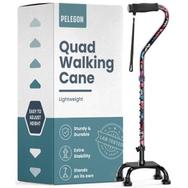 PELEGON Quad Cane (300 lb) - Adjustable Walking Cane with A Large 4 Pronged Base for Extra Balance & Stability, Walking Canes for Seniors, Walking Cane for Men & Women, Walking Sticks (Flowers)