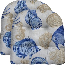 RSH DECOR: Tufted U-Shape Wicker Seat Cushions Set of 2 | 19” x 19” | All-Weather Spun Fabric | Water-Resistant | Outdoor Chair Cushions for Patio Furniture | Blue Tan Crab