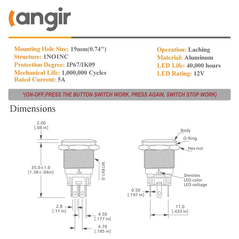 Langir 19mm Latching Push Button Switch 12V DC Waterproof On