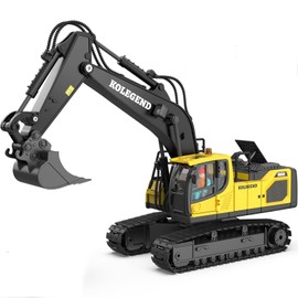 kolegend Remote Control Excavator Toy for Boy 2 Batteries- 1/20 Scale Remote Control Digger with Alloy Shovel, Infinitely Rotating Cab, Lights & Sounds - Gift for Kids Ages 6,7,8,9,10