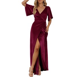MEROKEETY Women's V Neck Wrap Velvet Maxi Dress Bell Sleeve Split Bridesmaid Cocktail Party Dresses, Burgundy, X-Large