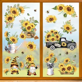 decalmile Autumn Sunflower Double Sided Window Clings Summer Flowers Gnomes Window Decals Anti-Collision Glass Window Doors Window Stickers