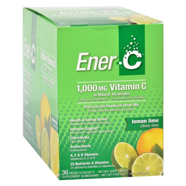Ener-C Lemon Lime Multivitamin Drink Mix, 1000mg Vitamin C, Non-GMO, Vegan, Real Fruit Juice Powders, Natural Immunity Support, Electrolytes, Gluten Free, 1-Pack of 30