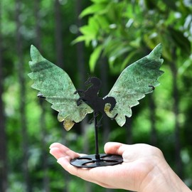 JIC Gem Green Fluorite Crystals Wings Large Green Crystals Slices Carved Wings of Unicorn Quartz Crystal Healing Gemstone Decorative Stone with Stand Decor Gifts (1pair)