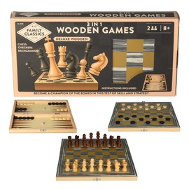 Family Classics Deluxe 3-in-1 Wooden Board Games Set, Chess, Checkers and Backgammon, Ages 8+, Monochrome" Or "Brown