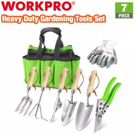 WORKPRO Garden Tool Set 7PC Stainless Steel Heavy Duty Garden Tool Wooden Handle