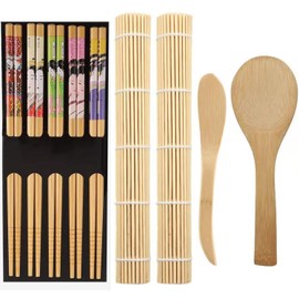 ZFYQ Sushi Set, 9 Pieces, Sushi Maker Contains 2 Rolling Mats, 5 Pairs of Chopsticks, 1 Rice Shaker, 1 Paddle