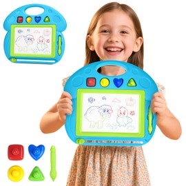 KTMOUW Pizarron Magico Tablero de Dibujo Magnético de Color 4 Colores con 4 Formas de Sellos y Bolígrafo Conector de 7 cm Juguetes Educativos Pizarra Magica Azul