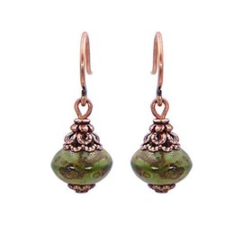 Rustic Green Czech Glass Rondelle Earrings with Antiqued Copper Ear Wires