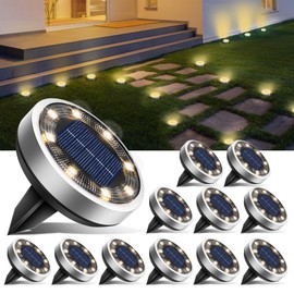 btfarm 12 Pack Solar Lights Outdoor, 8 LED Solar Ground Lights IP65 Waterproof Flat Solar Disc Light, Pathway Lights for Garden Lawn Patio Yard Path Landscape, Warm White