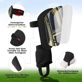 Children's Football Shin Pads - Test Angel Certified Black Gold Shin Pads Children with Ankle Protection & Adjustable Straps Shin Pads Football, 3 Fixed Designs for Protection