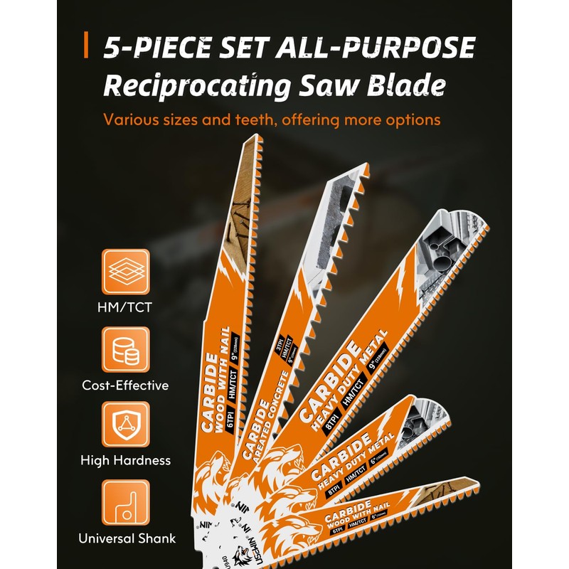 5 Pack Carbide Reciprocating Saw Blade Set, Premium Metal Blades