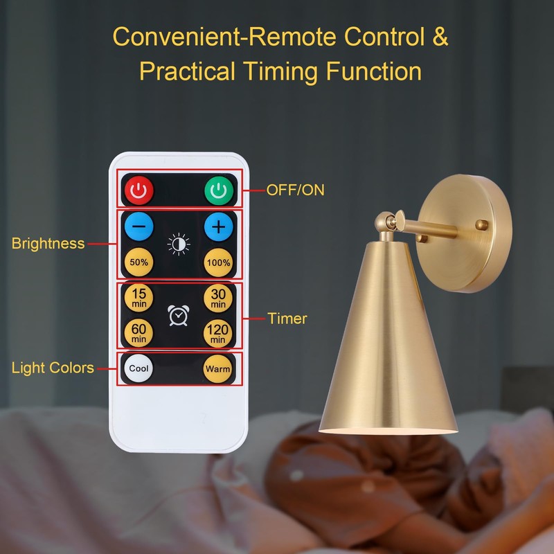 MWZ Gold Battery Operated Wall Sconces Set of Two,Wireless Indoor
