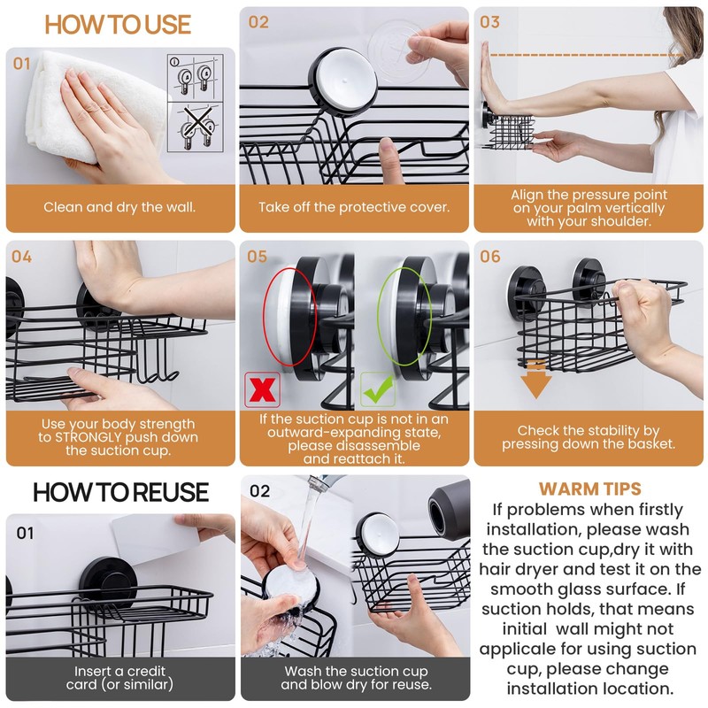 LEVERLOC Shower Caddy Suction Cup, Black Shower Shelf with Hooks