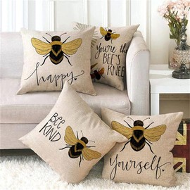 KUNQIAN Bee Cushions Cover Outdoor Waterproof Cushions Yellow Bee Pillow Covers Set of 4 Home Decorative for Sofa Linen Square Outside Office 18x18 Inch 45x45cm