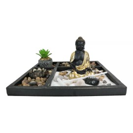 Ebros GIft Meditating Buddha Zen Garden Kit With Lotus Candle Holders Sand Rake Succulents