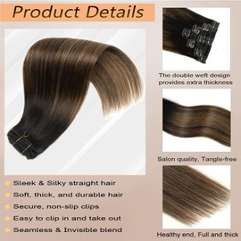 Dark Highlight Clip in Hair Extensions Ombre Real Human Hair Natural Black Mix Chestnut Brown 18 Inch 7pcs 120g Remy Human 16 Clips Ins Double Weft Straight Hair Extensions for Woman