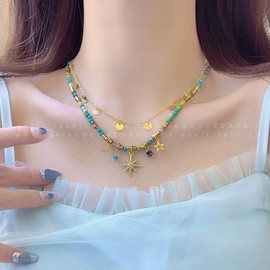 YIQPKUM Unique Glass Beads Celestial Necklace Golden Moon Stars Pendant Jewellery for Women Friends Charms Statement Gifts (Turquoise)