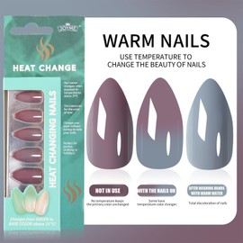 24Pcs Brown Press on Nails with Color Changes Design, Glossy Solid Color False Nails Gel Glue on Nails, Gradient Medium Almond Manicure Art Acrylic Fake Nails Stick on Nails for Coquette Women Girls