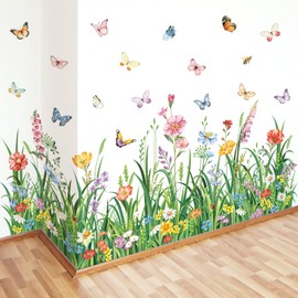 decalmile Green Grass Wall Corner Stickers Plant Flowers Butterflies Baseboard Skirting Line Wall Decals Bedroom Living Room Dining Room Home Decor