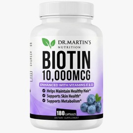 Potent Biotin (Vitamin B7) 10,000 mcg with Vitamins D & E Supplement | 180 Count | Hair, Skin And Nails | For Thicker & Stronger Hair Growth | Healthy, Youthful Skin & Strong Nails | Energy Support