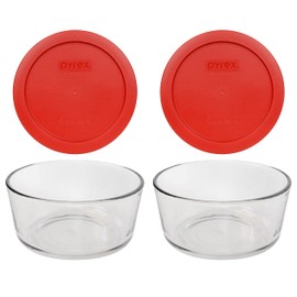Pyrex (2 7201 4 Cup Glass Bowls & (2) 7201-PC Poppy Red Lids Made in the USA