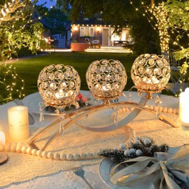 Kehail Set of 3 Gold Crystal Tea Light Candlestick Holders Flower Shape with Crystal Pendant Bowl Votive Metal Candle Holder for Table Centerpieces Wedding Home Decor (Gold, 3 arm)